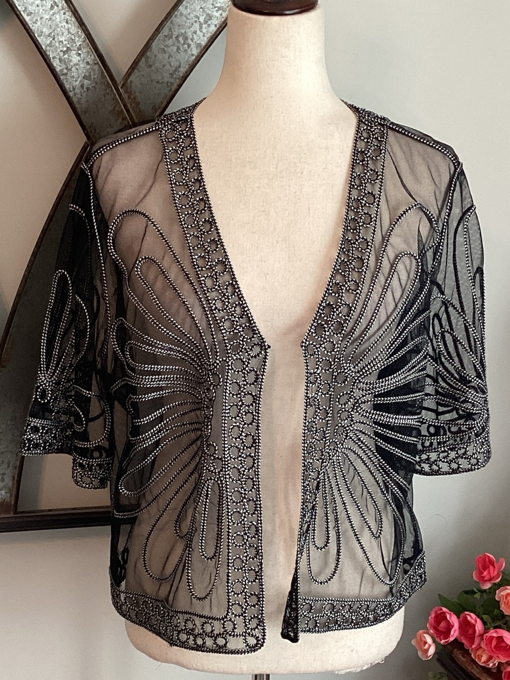 Chico's Black Sheer Mesh Jacket with Embroidered Trim